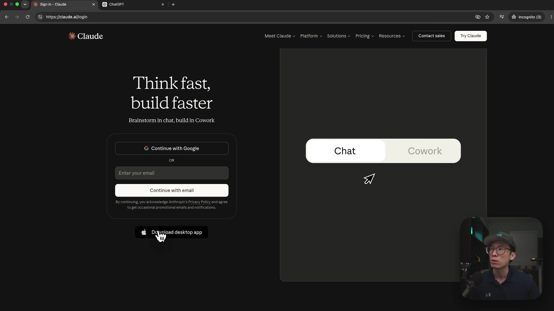 The claude.ai sign-in page with the Download desktop app button