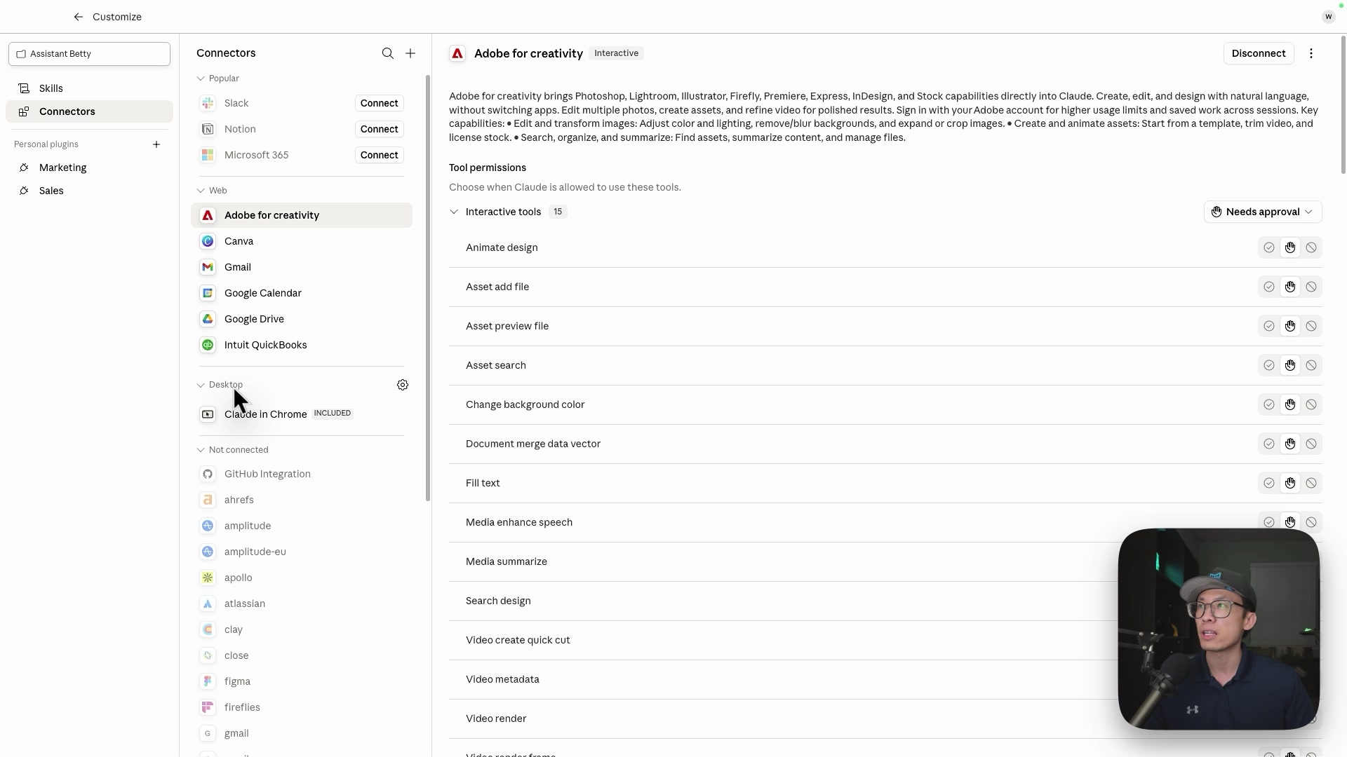 The Claude connectors screen with Gmail, Google Calendar, Google Drive and Canva