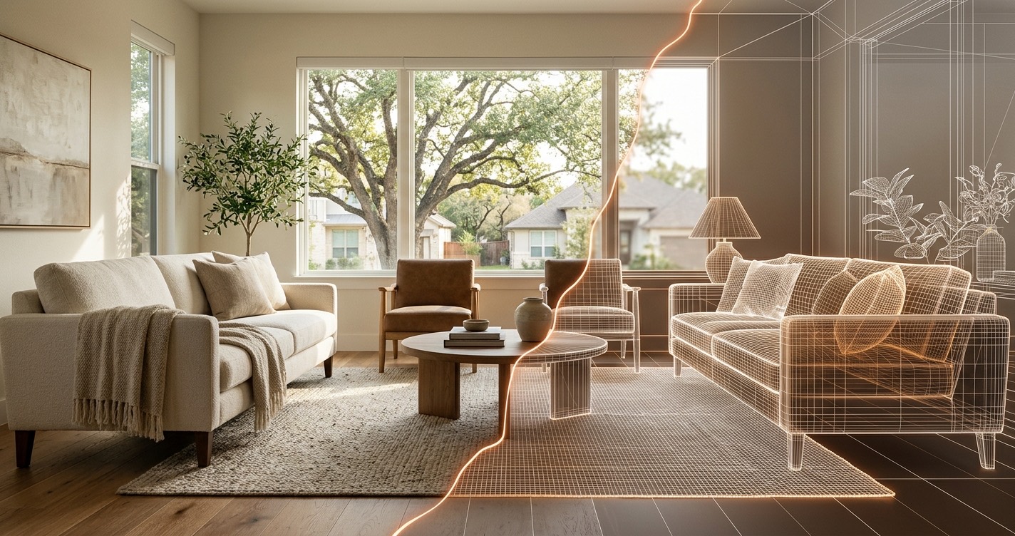 A real furnished living room on one side dissolving into a glowing orange AI wireframe of the same room on the other