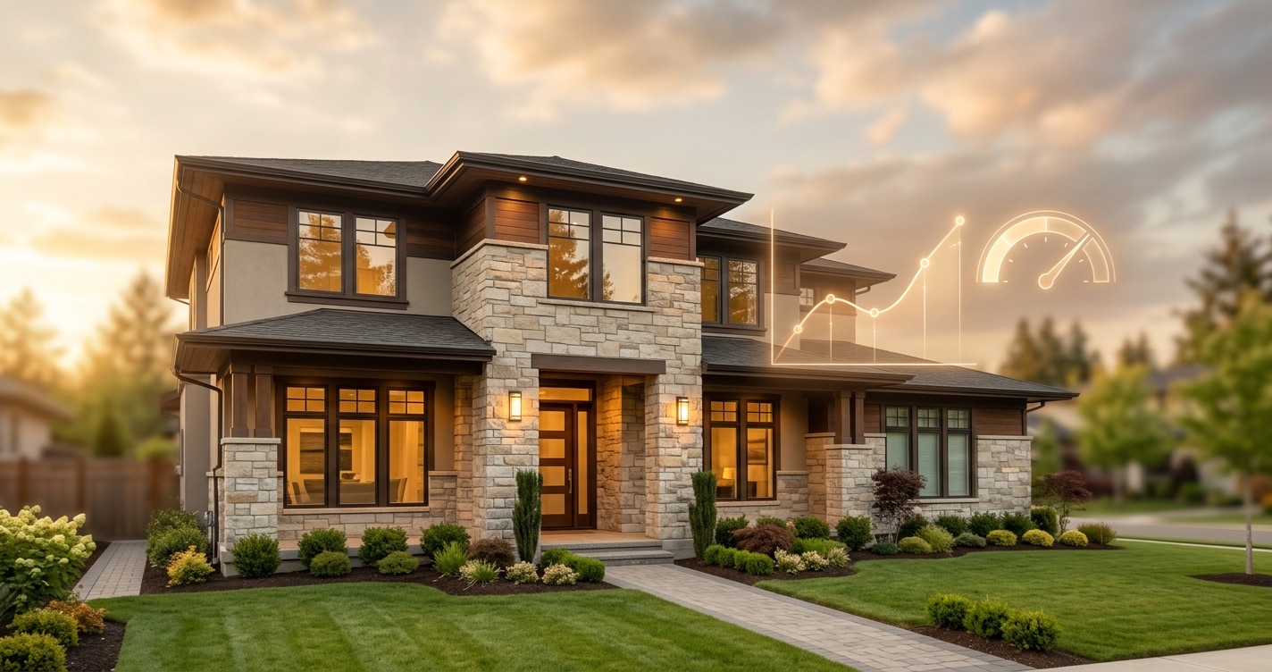 A modern home at golden hour with a softly glowing orange AI valuation gauge and rising graph floating beside it