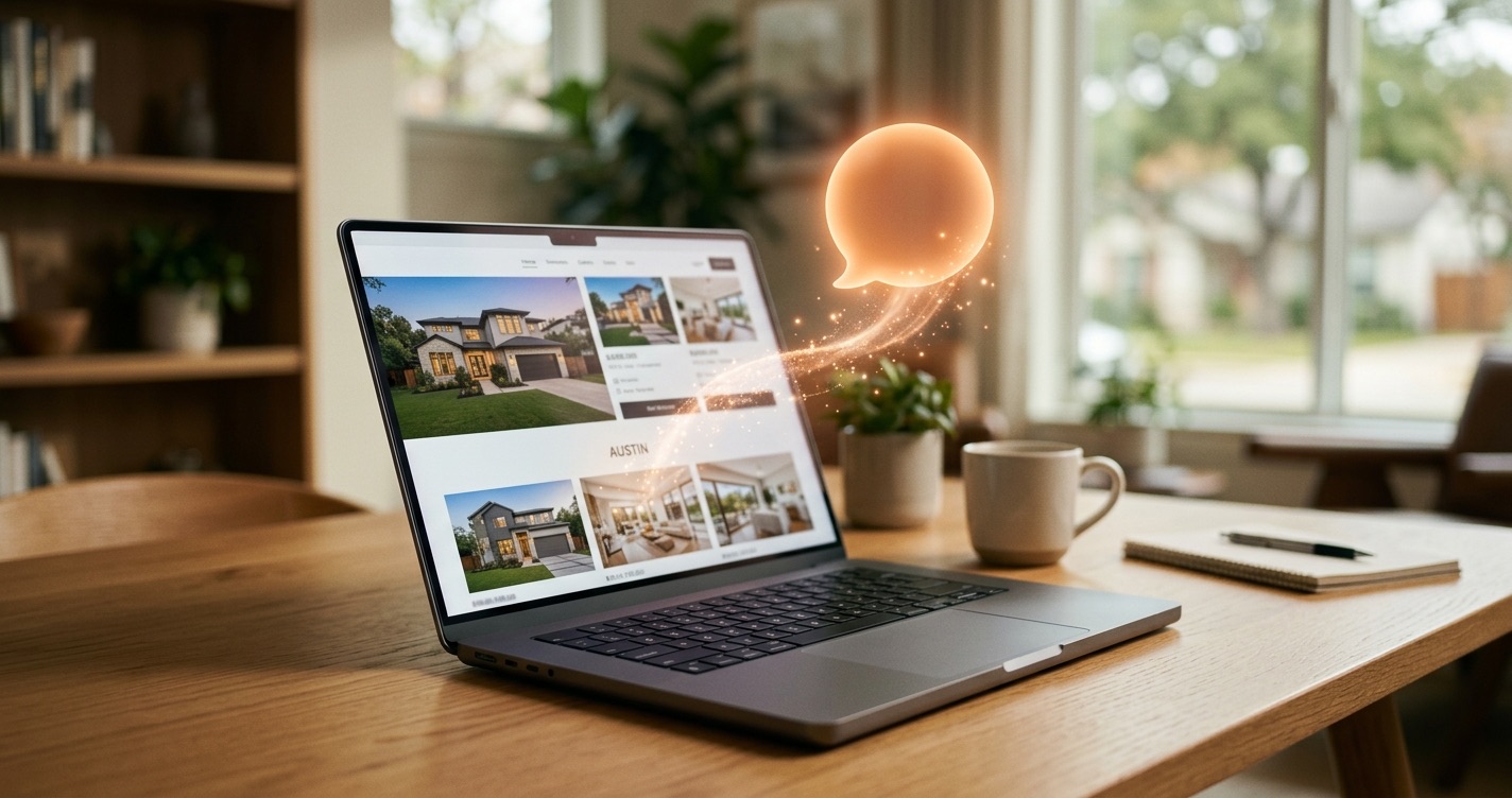 A laptop showing a real estate website with a glowing orange AI chat assistant bubble rising from the screen