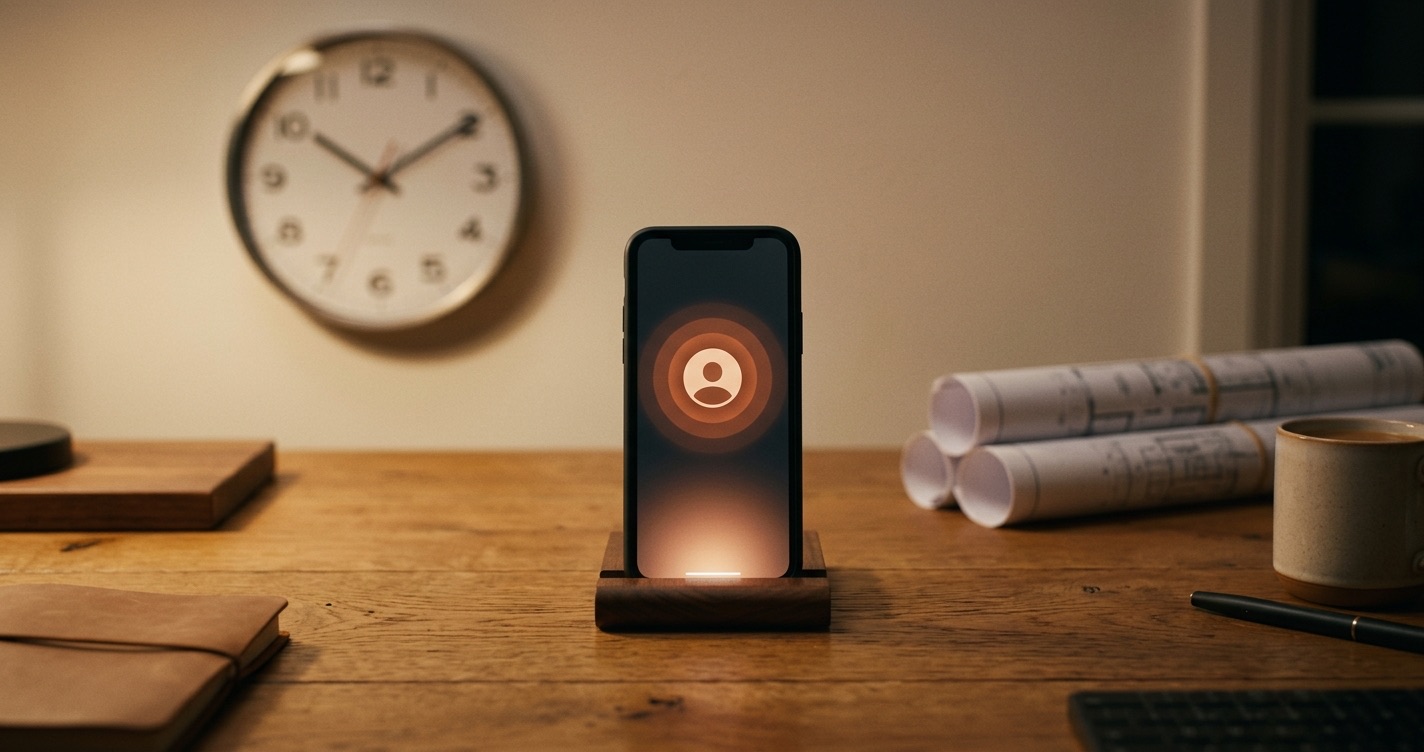 A smartphone on a stand glowing with an incoming call, a wall clock behind it suggesting around-the-clock availability