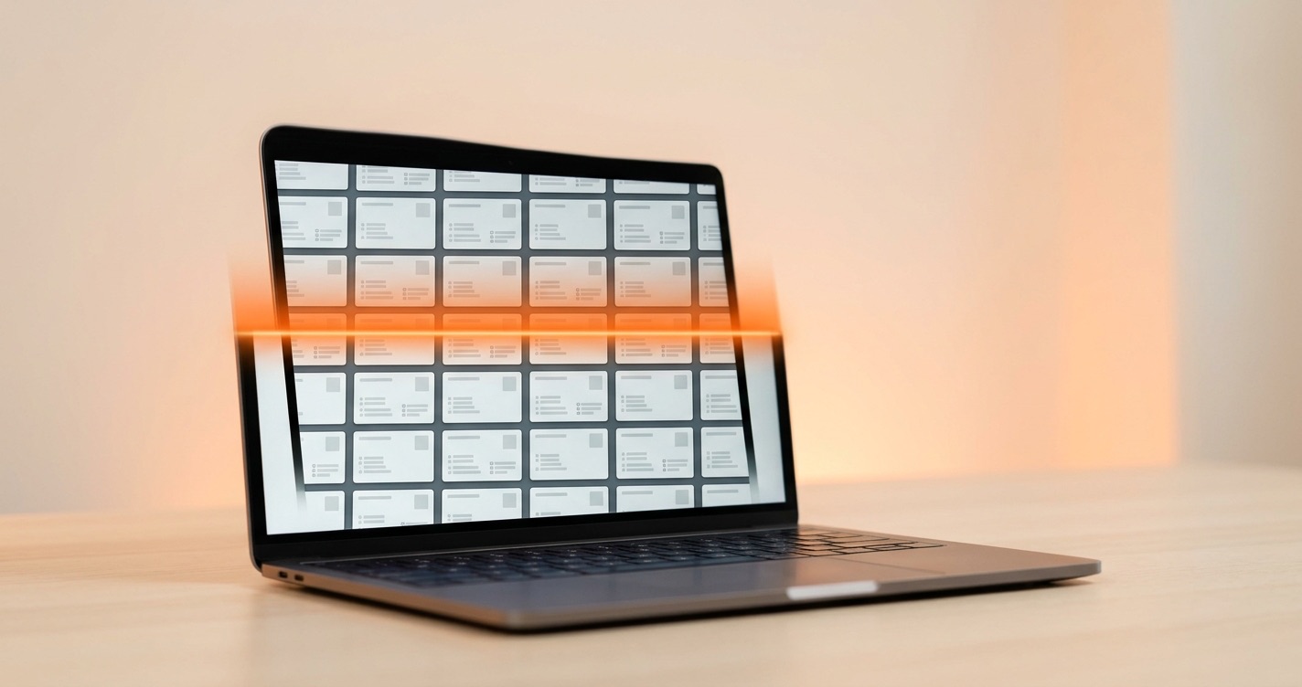 A laptop showing a grid of blank contact cards with an orange scanning beam sweeping down the screen