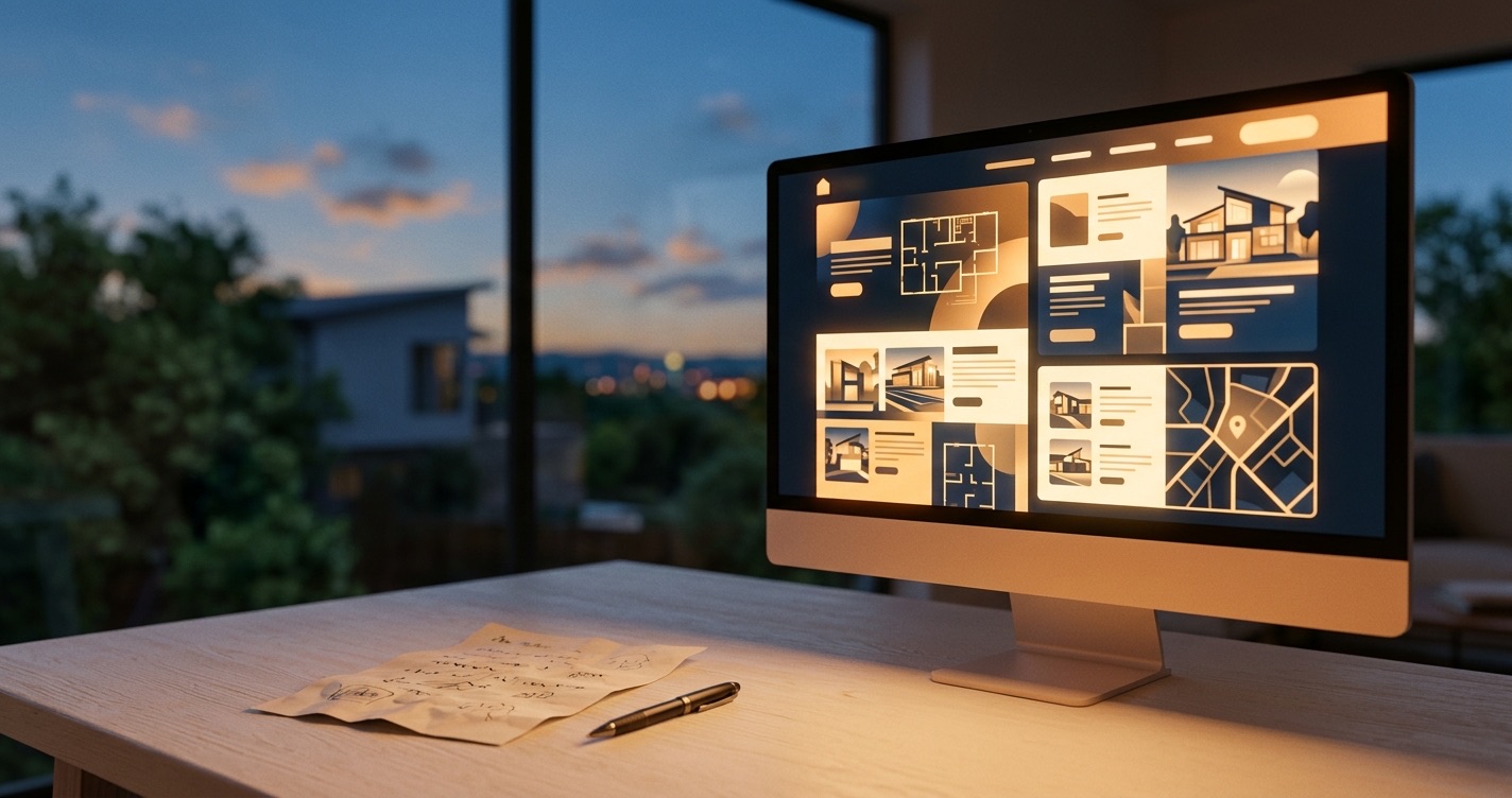 A monitor on a desk displaying a finished glowing website layout beside a crumpled blank note