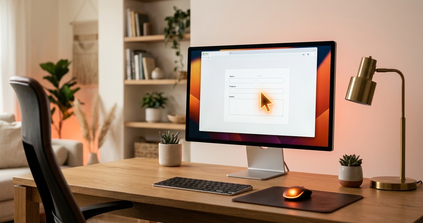 A browser window on a monitor with a glowing orange cursor moving on its own across a blank form