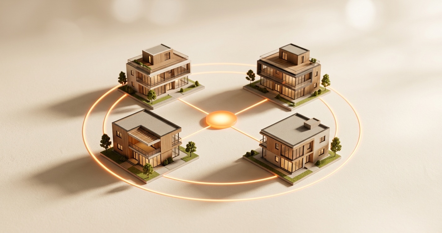 Four small model office buildings connected by glowing orange lines to a single bright hub at the center