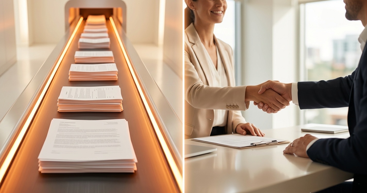A split scene: an automated glowing orange conveyor of paperwork on one side, a person shaking hands at a desk on the other